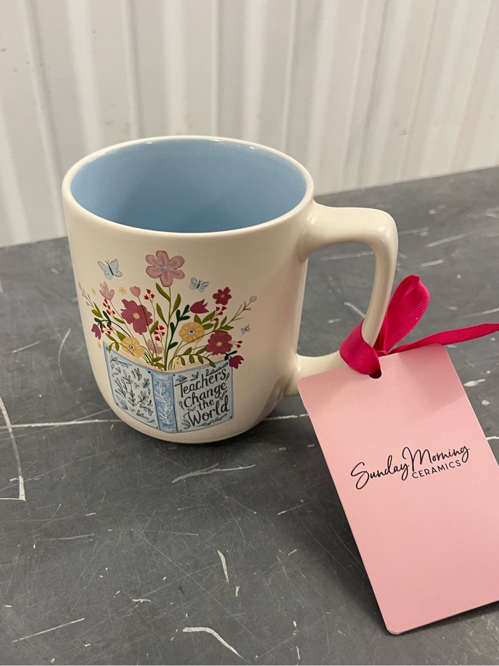 Sunday Morning Ceramics TEACHERS CHANGE THE WORLD mug with gift card holder NEW